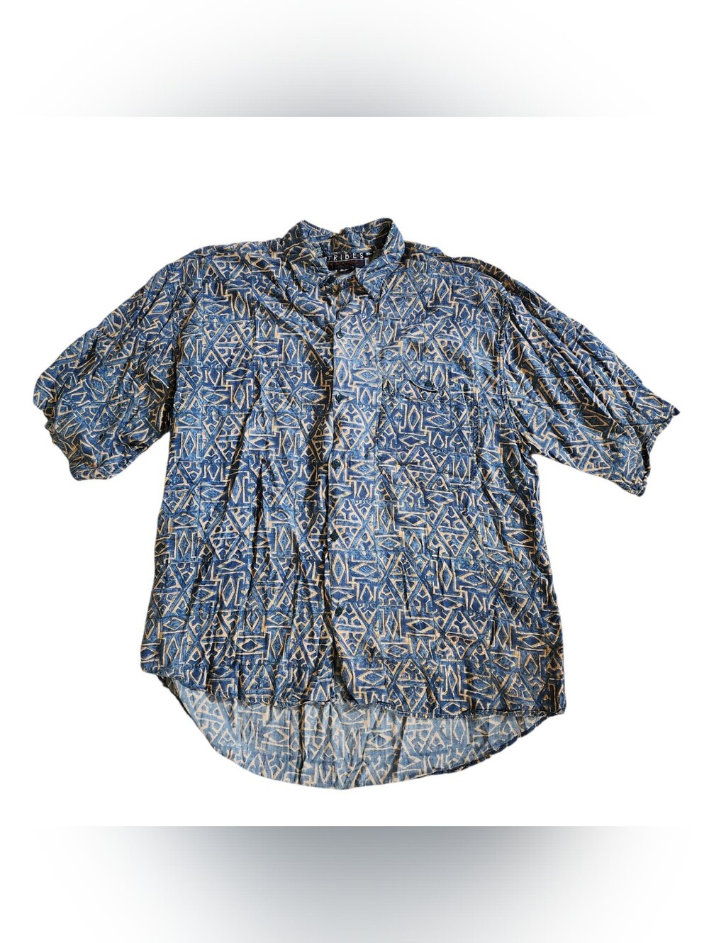 Vintage 90s Tribes Rayon Button Front Shirt Mens XL Blue Tribal Print